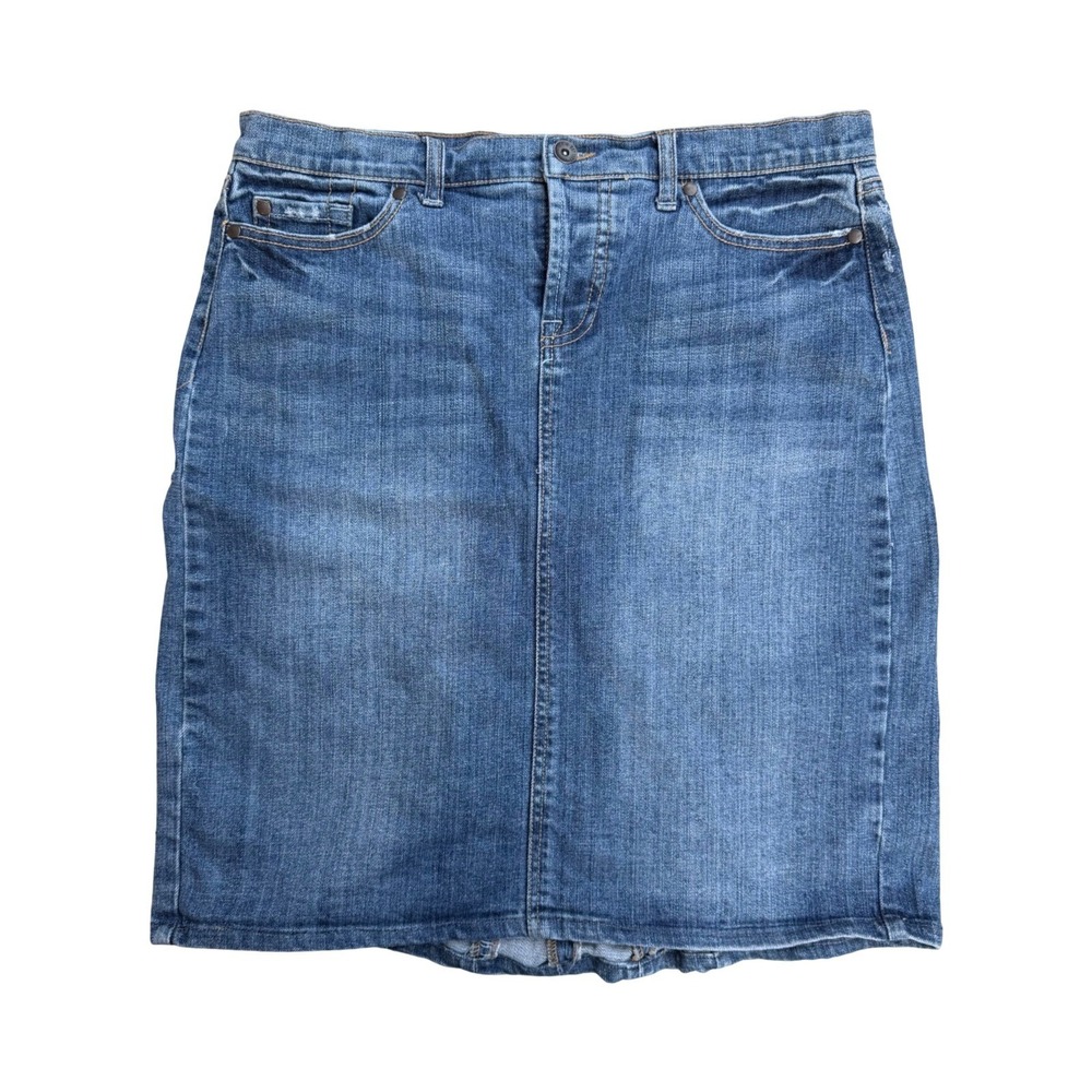 Mossimo Denim Skirt Distressed Mid Wash Godet Back Y2K Indie Sleaze Blue Sz 8